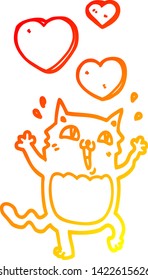 dibujo de línea de degradado cálido de un gato de dibujos animados loco en el amor