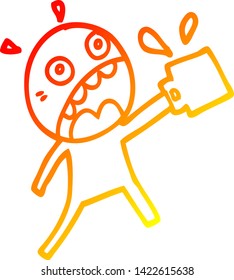warm gradient line drawing of a cartoon man who has drunk too much coffee