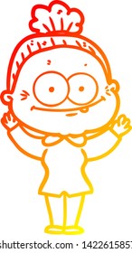 warm gradient line drawing of a cartoon happy old woman