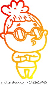 dibujo de línea de gradiente cálido de una mujer caricaturista con gafas de sol