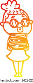 dibujo de línea de gradiente cálido de una bibliotecaria de caricatura con espectáculos
