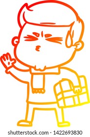 warm gradient line drawing of a cartoon man sweating
