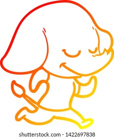 warm gradient line drawing of a cartoon smiling elephant running