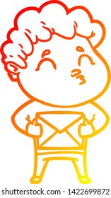 dibujo de línea de gradiente cálido de un hombre de dibujos animados puliendo