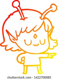 desenho de linha gradiente quente de uma menina alienígena de desenho animado
