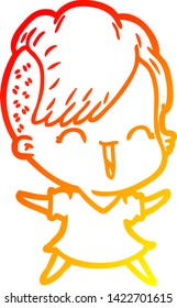 dibujo de línea de gradiente cálido de una chica hipster feliz con dibujos animados