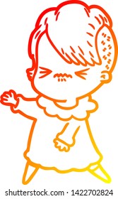 warm gradient line drawing of a cartoon annoyed hipster girl