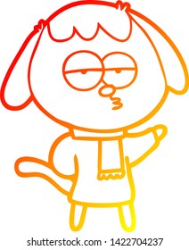 warm gradient line drawing of a cartoon tired dog wearing winter clothes
