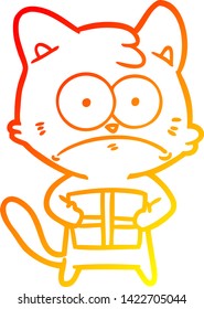 warme Farbverlauf-Linie Zeichnung einer Cartoon Katze mit Gegenwart