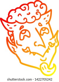 dibujo de línea de degradado cálido de una cara de demonio de dibujos animados