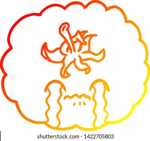 warm gradient line drawing of a cartoon crying tomato