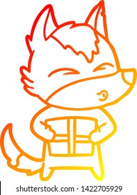 warm gradient line drawing of a cartoon christmas wolf whistling