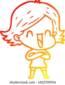 desenho de linha gradiente quente de uma mulher risonha de desenho animado