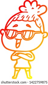 warm gradient line drawing of a cartoon happy woman wearing spectacles