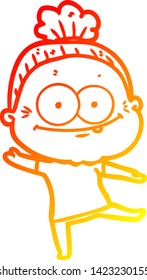 warm gradient line drawing of a cartoon happy old woman