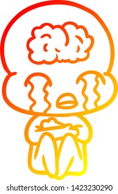 warm gradient line drawing of a cartoon big brain alien crying
