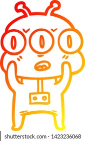 warm gradient line drawing of a cartoon three eyed alien