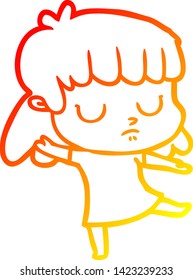 warm gradient line drawing of a cartoon indifferent woman dancing