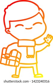 dibujo de línea de gradiente cálido de un niño sonriente de dibujos animados con regalo