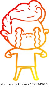 dibujo de línea de degradado cálido de un hombre de dibujos animados llorando
