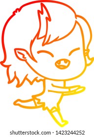 warm gradient line drawing of a cartoon laughing vampire girl running