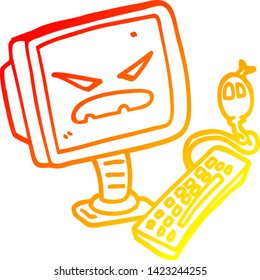warm gradient line drawing of a cartoon evil computer