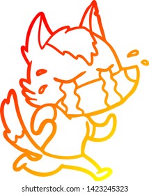 warm gradient line drawing of a cartoon crying wolf running away