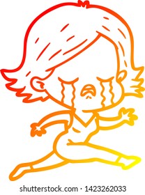 warm gradient line drawing of a cartoon girl crying whilst running