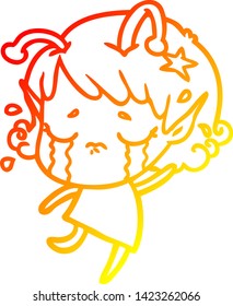 warm gradient line drawing of a cartoon crying alien girl