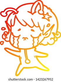 warm gradient line drawing of a cartoon crying alien girl