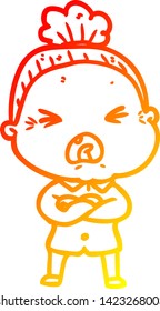 warm gradient line drawing of a cartoon angry old woman