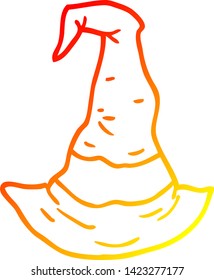 dibujo de línea de degradado cálido de un sombrero de bruja de dibujos animados