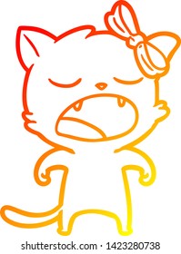 warm gradient line drawing of a cartoon yawning cat