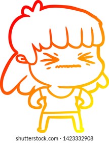 warm gradient line drawing of a cartoon angry girl