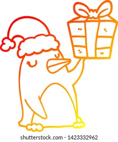 dibujo de línea de degradado cálido de un pingüino de dibujos animados con navidad presente