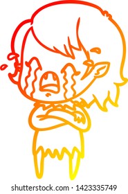 warm gradient line drawing of a cartoon crying vampire girl