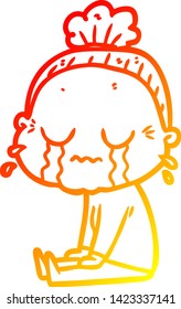 warm gradient line drawing of a cartoon crying old lady