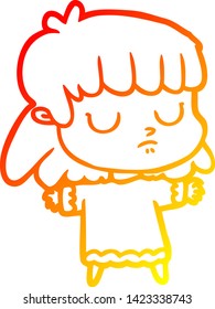 warm gradient line drawing of a cartoon indifferent woman