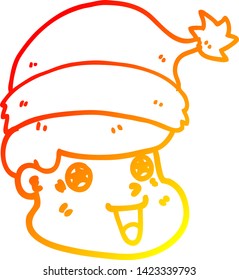 dibujo de una línea de degradado cálido de un hombre de caricatura con sombrero de navidad