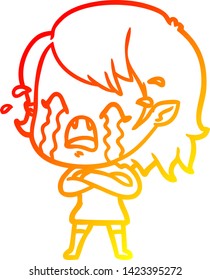 warm gradient line drawing of a cartoon crying vampire girl