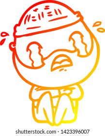 warm gradient line drawing of a cartoon bearded man crying