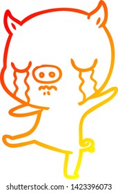 dibujo de línea de degradado cálido de un llanto de cerdo de dibujos animados