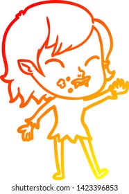 warm gradient line drawing of a cartoon vampire girl with blood on cheek