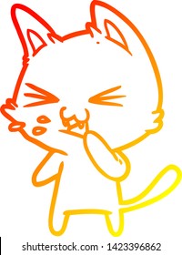 warm gradient line drawing of a cartoon cat hissing