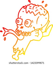 warm gradient line drawing of a cartoon halloween skull in zombie hand