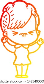 dibujo de línea de gradiente cálido de una hipster fastidiada de dibujos animados