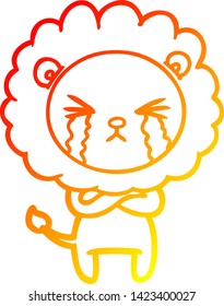 warm gradient line drawing of a cartoon crying lion with crossed arms