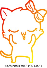 warm gradient line drawing of a cartoon cat with bow on head