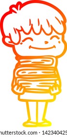warm gradient line drawing of a cartoon happy boy