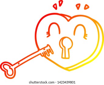 warm gradient line drawing of a cartoon heart with key